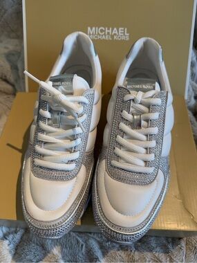 Michael Kors Andi Quilted White Sneakers with Silver Crystal Trim - 8.5